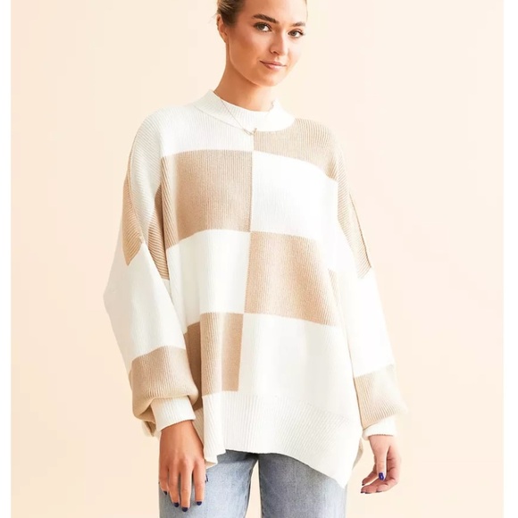 Free People Checker Easy Street Oversized Tunic Sweater White Sand Size M NWT - Picture 1 of 10